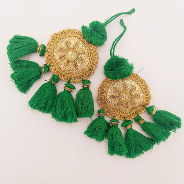 Set of 2 Embroidered Tassels, Green and Gold Tassels, Indian Tassels